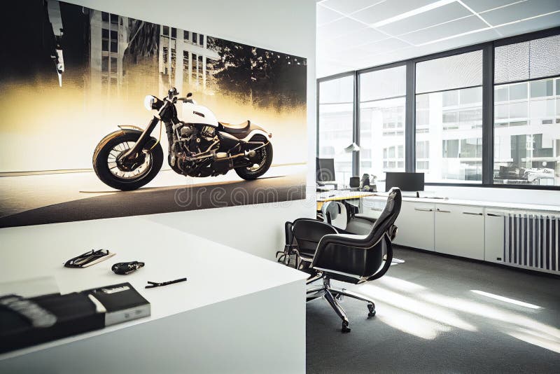 A Real Motorcycle in the Interior of a Modern Bright Office. Original