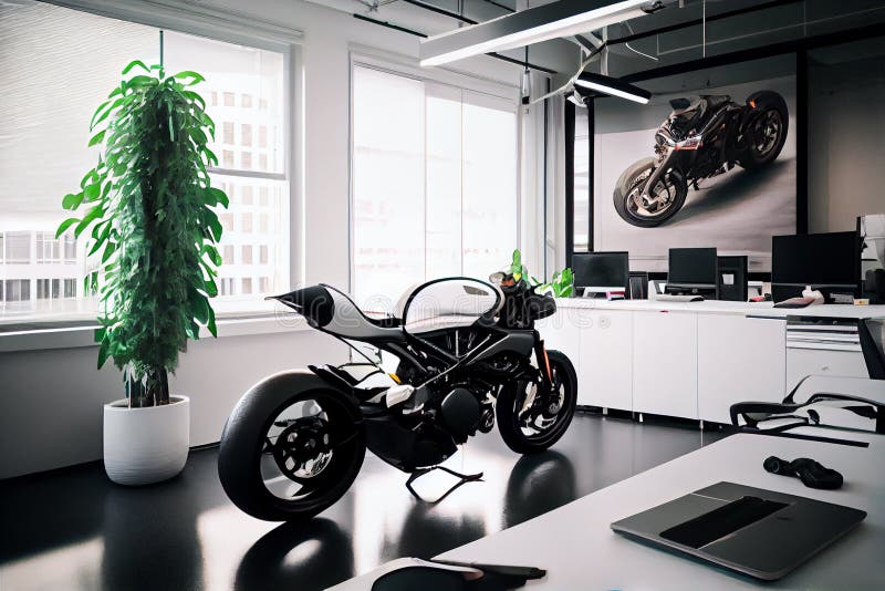 A Real Motorcycle in the Interior of a Modern Bright Office. Original