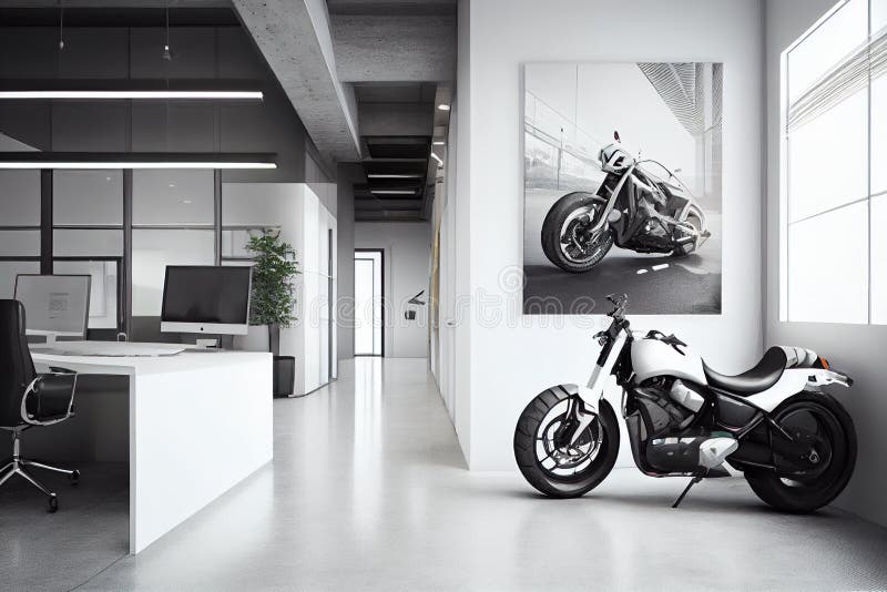 A Real Motorcycle in the Interior of a Modern Bright Office. Original