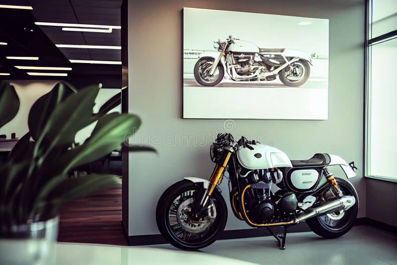 A Real Motorcycle in the Interior of a Modern Bright Office. Original