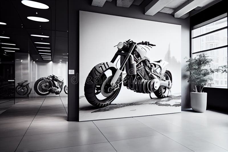 A Real Motorcycle in the Interior of a Modern Bright Office. Original