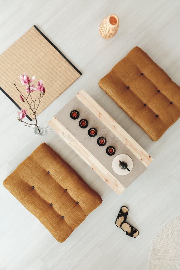 Real photo of a wooden table and a tatami mat in simple japanese