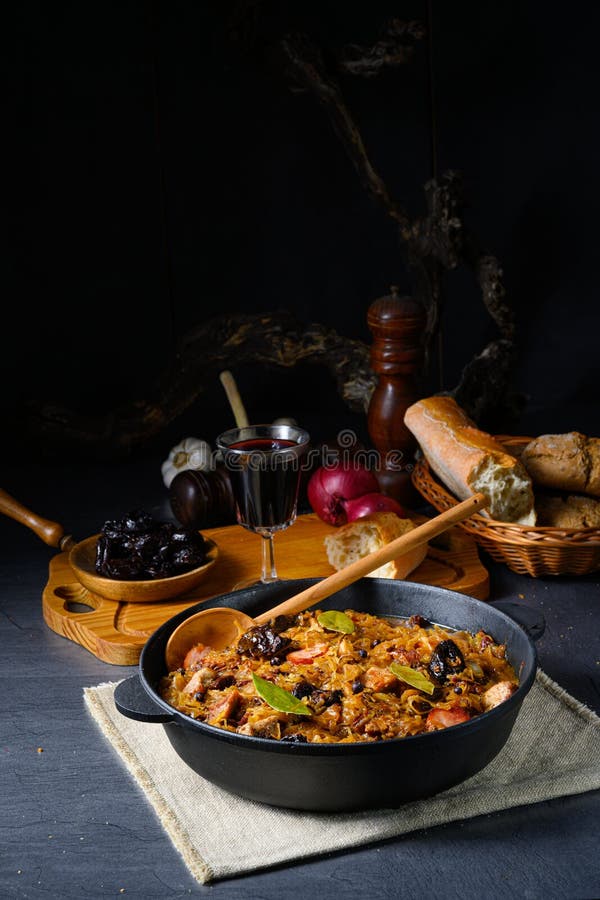 Real Polish `Bigos,`after an Old Recipe with Dried Plums and Wine Stock Photo Image of closeup