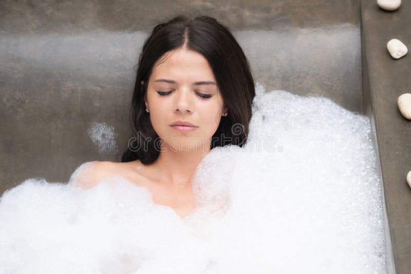 A Real Relax For A Modern Girl Beautiful Brunette Takes A Bath With Foam Stock Image Image Of