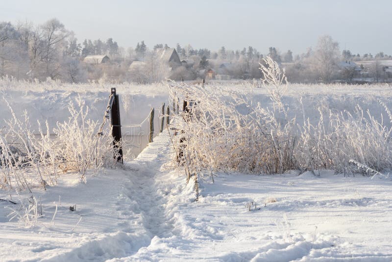 Real Russian Winter. Winter Landscape With Trail Across The Dangerous Rural Suspension Bridge Over The Snowy Foggy River