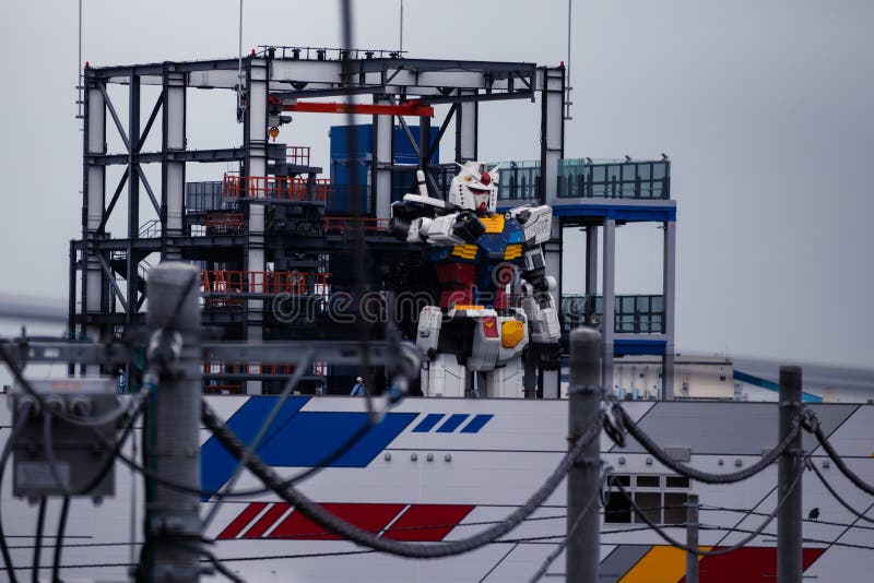 Real size Gundam under contruction in Gundam Factory in Yokohama royalty free stock image