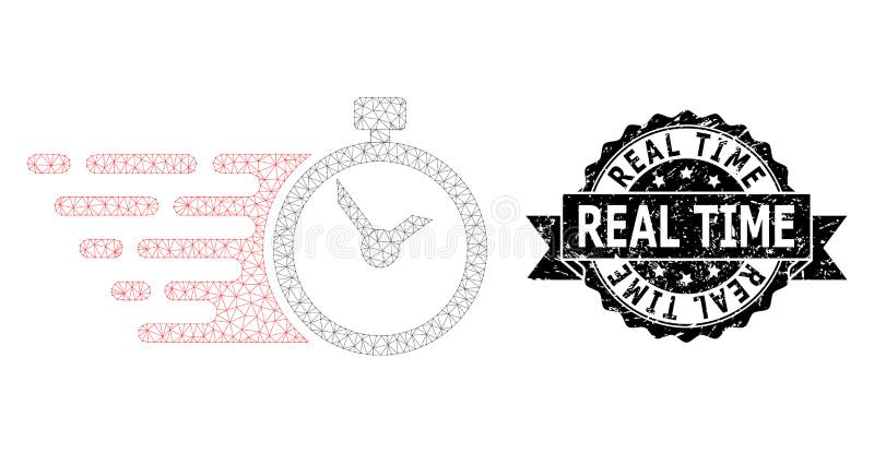 Rubber Real Time Ribbon Watermark and Mesh Carcass Time. Real Time dirty stamp and vector time mesh model. Black stamp contains Real Time caption inside ribbon and rosette. Abstract 2d mesh time, designed with triangular grid.