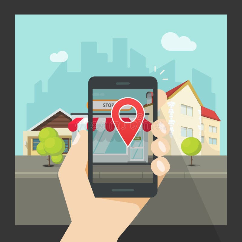 Realidade aumentada no telefone celular, navegação virtual do smartphone do lugar ilustração do vetor Realidade aumentada no telefone celular, navegação virtual do smartphone do lugar ilustração do vetor