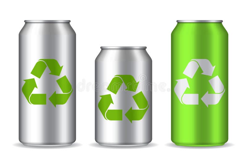 Realistic aluminium cans mockup with recycle icon. 3d silver and green bottle template on isolated background. Soda, beer pack with eco, recycling symbol. Fresh drink in metal container. vector