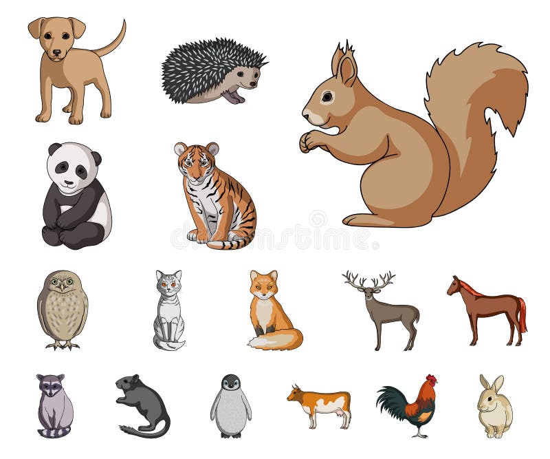 Realistic animals cartoon icons in set collection for design. Wild and domestic animals vector symbol stock web