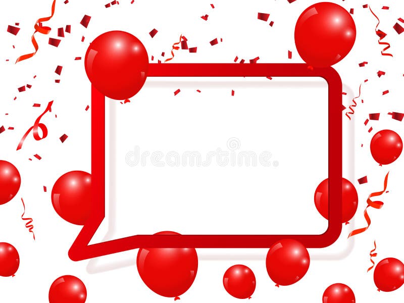 Realistic balloons celebrate festive holiday party design with confetti, ribbon and speech bubble square frame background stock illustration Realistic balloons celebrate festive holiday party design with confetti, ribbon and speech bubble square frame background stock illustration
