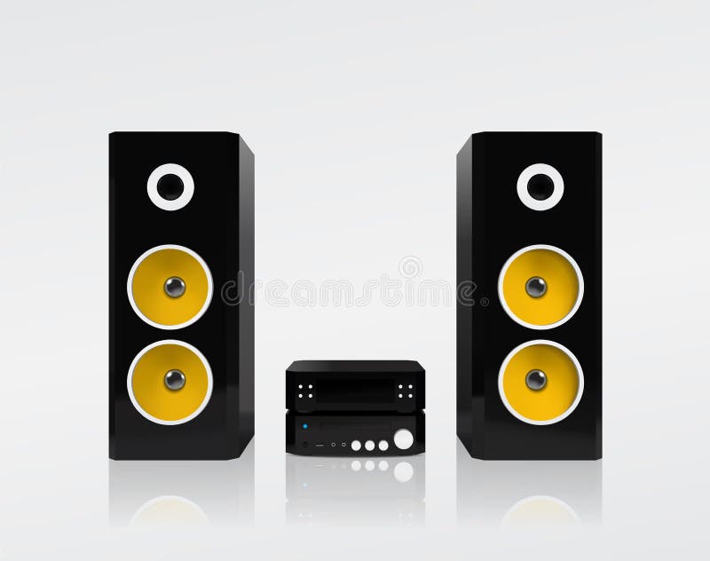 Realistic black acoustic stereo system with yellow speakers. Vector illustration. stock illustration