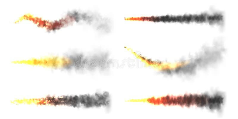 Realistic black smoke with fire, space rocket launch trails. Fire burst, explosion. Missile or bullet trail. Jet