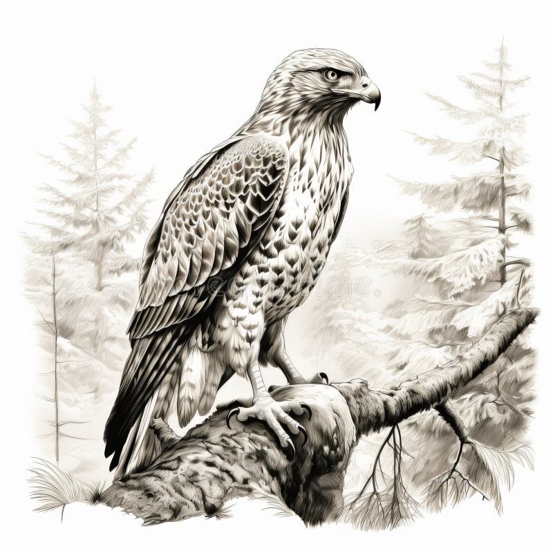 Realistic Black And White Drawing Of A Perched Hawk royalty free illustration