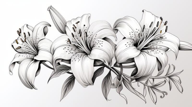 Realistic linear drawing of lily flower with leaves and buds 28182620  Vector Art at Vecteezy