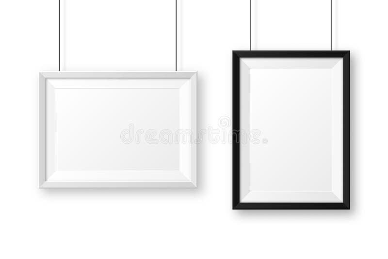 Realistic Black and White Picture Frames with Shadow. Hanging on a Wall