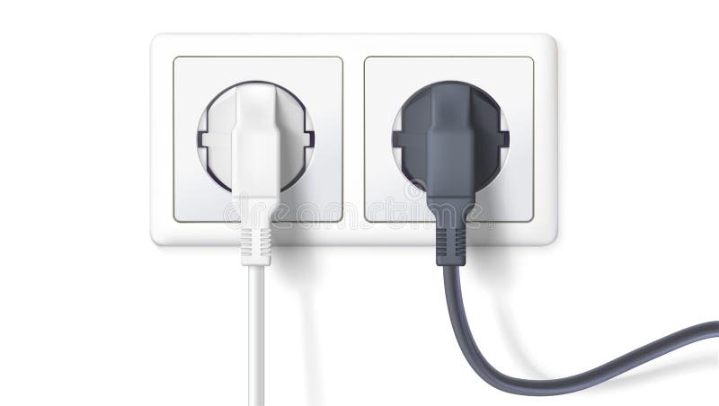 Realistic black and white plugs inserted in electrical outlet, isolated on white background. Icon of device for connecting electrical appliances, equipment. Electric plugs and socket. 3D illustration.