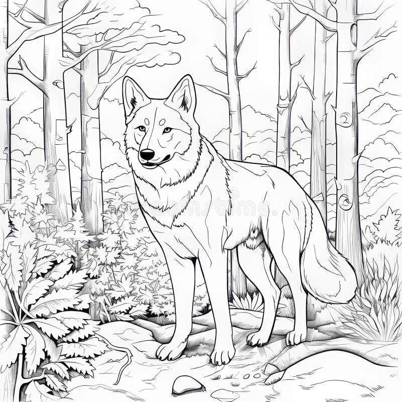 Realistic Black and White Wolf in Forest Coloring Pages Stock ...