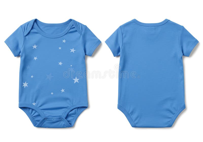 Realistic Blue Blank Baby undershirt Template, Mock-up Close-Up Isolated on White. Front and Back Side. Top View. Star patterns on stock illustration
