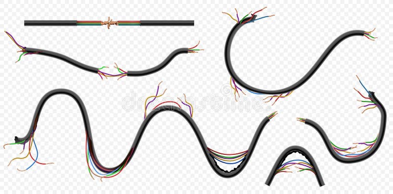 Realistic broken and torn copper electric power wires. Damaged cables with cuts. Disconnect communication cord. Danger vector illustration