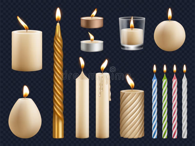 Realistic candles. Church wax candles collection birthday celebration fire items lighting glow effects decent vector