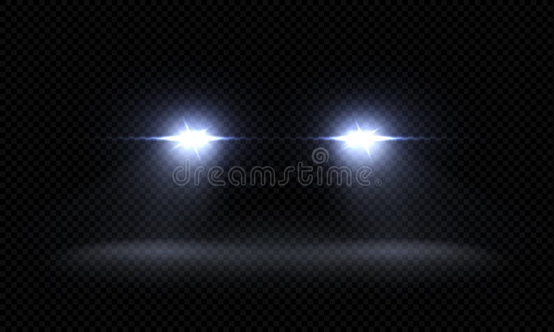 Realistic car headlights. Train front light beams, transparent bright glowing light rays, night road light effects