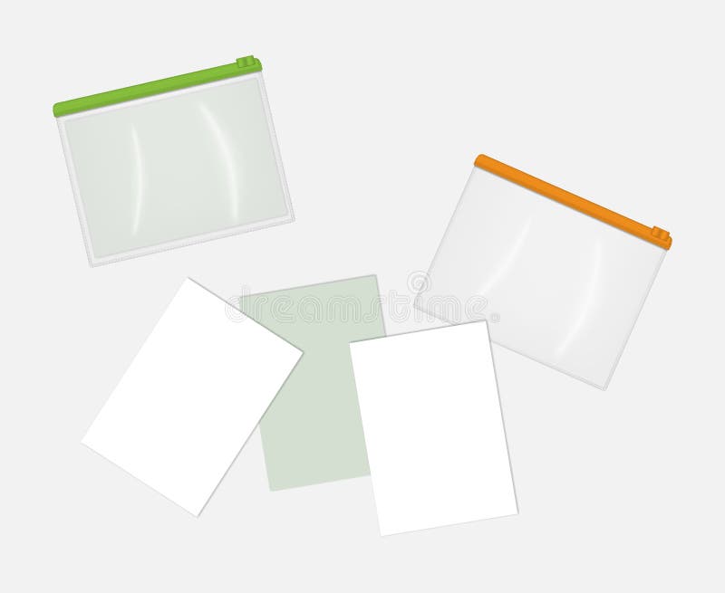 Realistic clear plastic zip envelope bags with blank A4 paper sheets, vector mockup. Transparent PVC zipper file jackets vector illustration