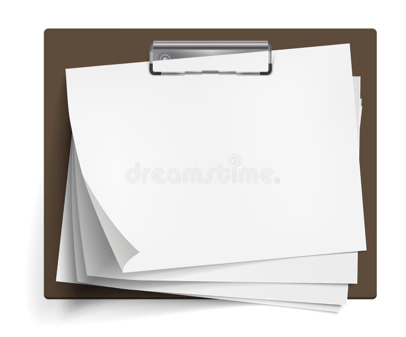 Realistic clipboard with a few blank white sheets of paper