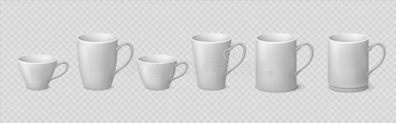 Realistic coffee mug. Blank ceramic white cup mockups isolated on transparent background, 3D porcelain teacup. Vector