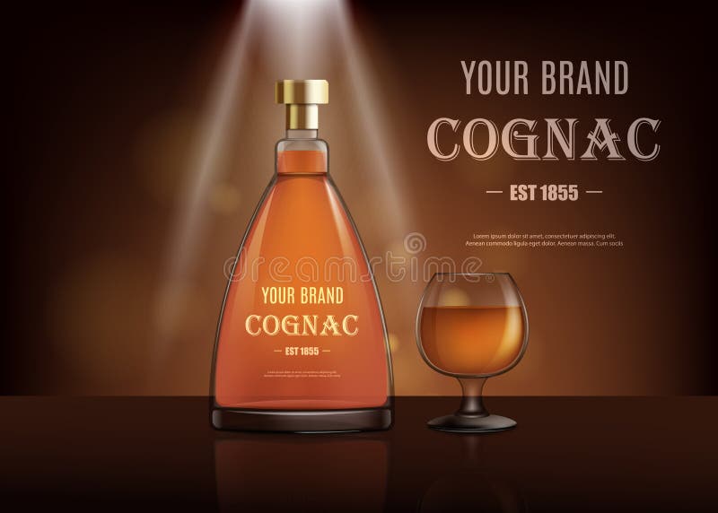 Realistic cognac bottle and glass on spotlight