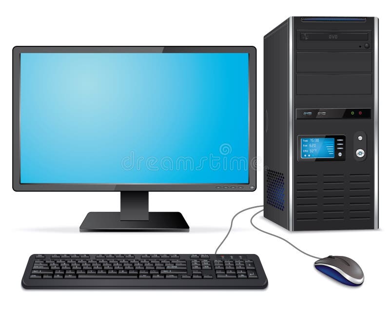 Realistic computer case with monitor,keyboard and mouse stock illustration