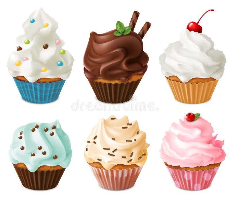 Realistic cupcakes. Sweet creamy desserts muffins with cherry and chocolate, delicious confectionery and baking stock illustration