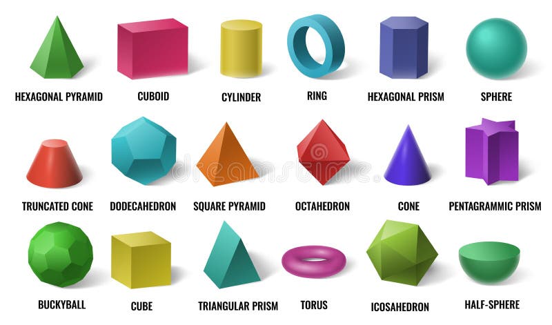 Realistic 3D color basic shapes. Solid colored geometric forms, cylinder and colorful cube shape vector illustration set vector illustration