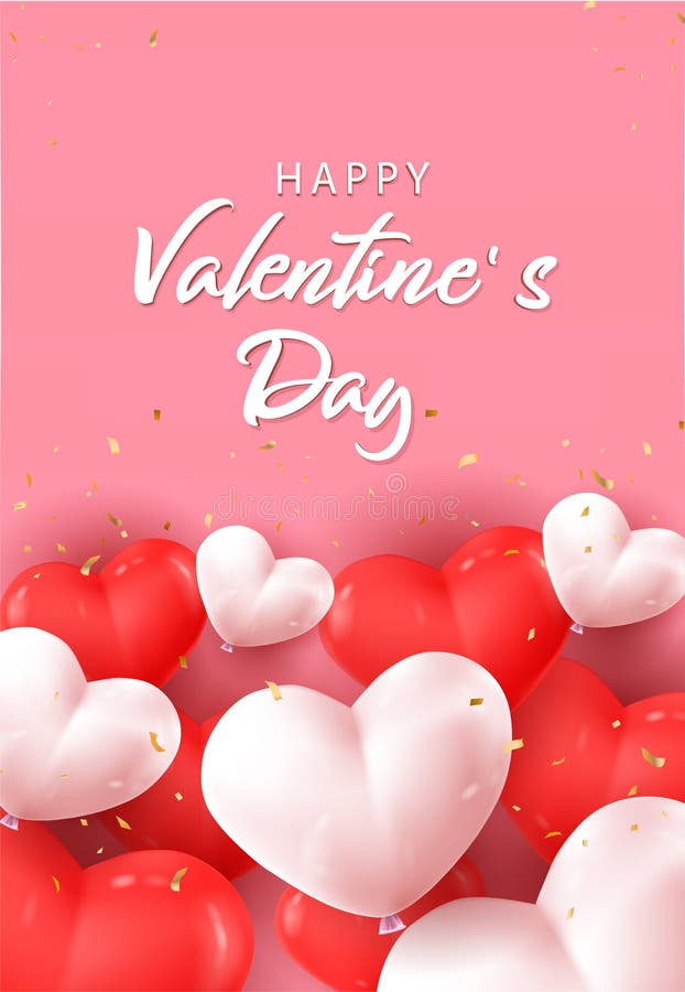 Realistic 3D Colorful Red and White Romantic Valentine Hearts Background Floating with Happy Valentines Day Greetings