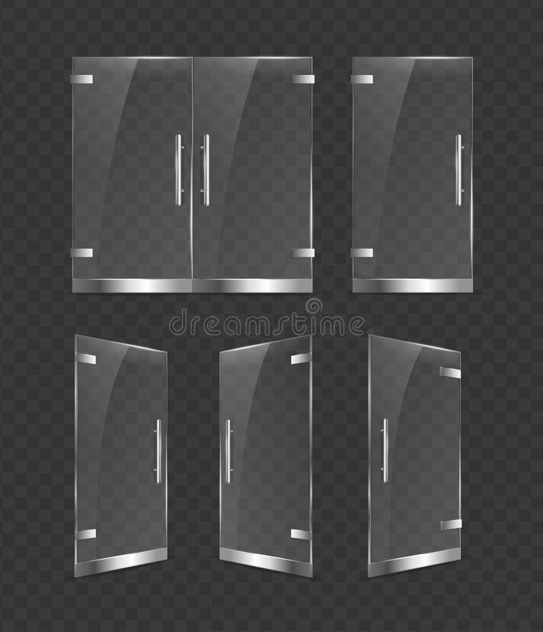 Realistic 3d Detailed Glass Door Close and Open Set on a Transparent Background. Vector stock illustration