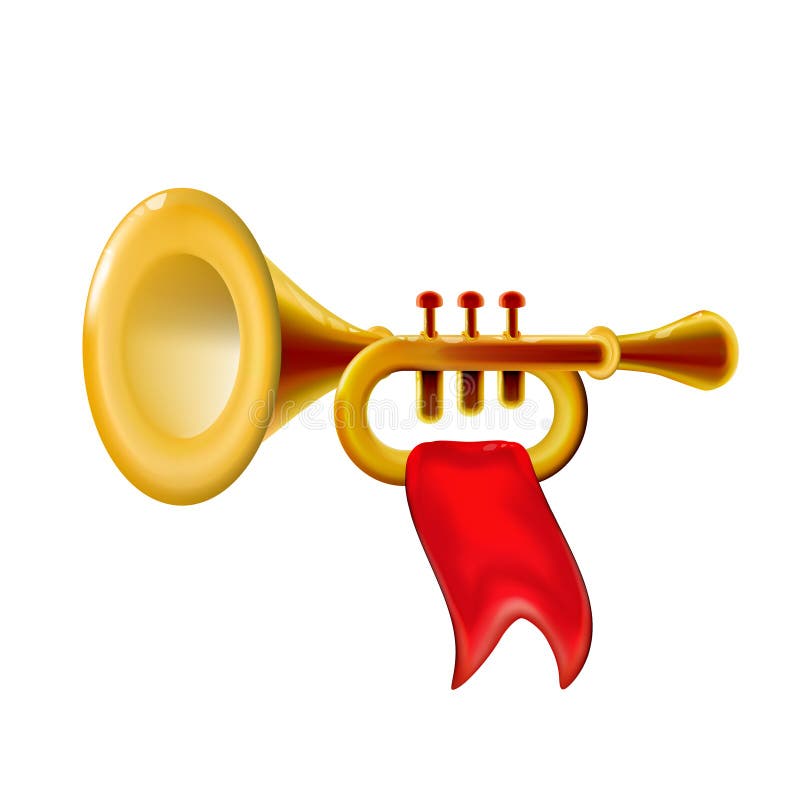 Realistic 3d Fanfare gold trumpet, icon with red flag isolated glossy wind musical instrument sign, decoration for holiday on vector illustration Realistic 3d Fanfare gold trumpet, icon with red flag isolated glossy wind musical instrument sign, decoration for holiday on vector illustration