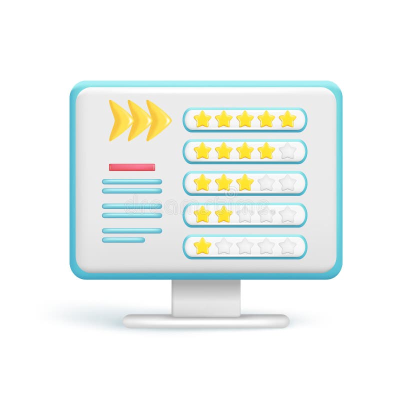 Realistic 3d glossy computer, rating feedback with stars, arrow icon. Customer 3d quality review, user rating, feedback score icon, five-point scale. Vector illustration isolated on white background