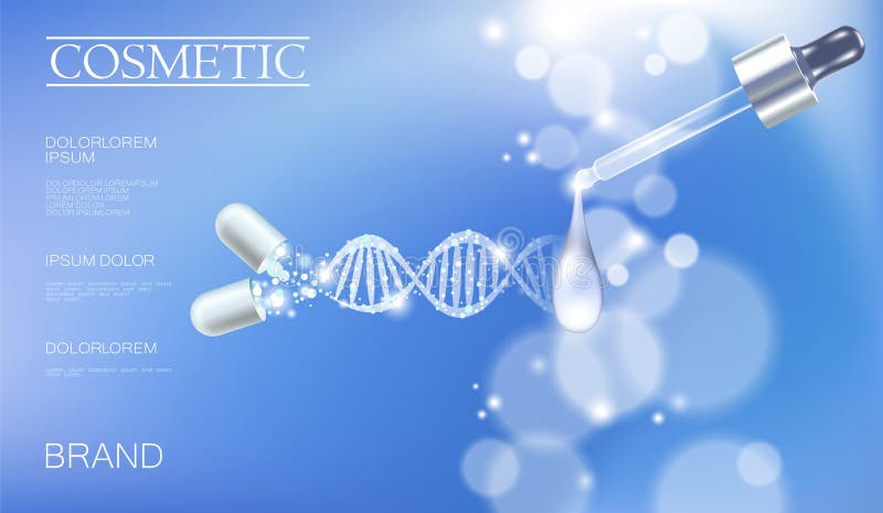 Realistic 3D innovation cosmetic DNA helix light package makeup face care blue sky glowing blur drug capsule medicine royalty free illustration Realistic 3D innovation cosmetic DNA helix light package makeup face care blue sky glowing blur drug capsule medicine royalty free illustration