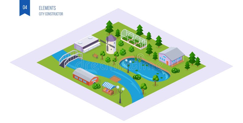 Realistic 3D isometric of country cottage area, with buildings. vector illustration Realistic 3D isometric of country cottage area, with buildings. vector illustration