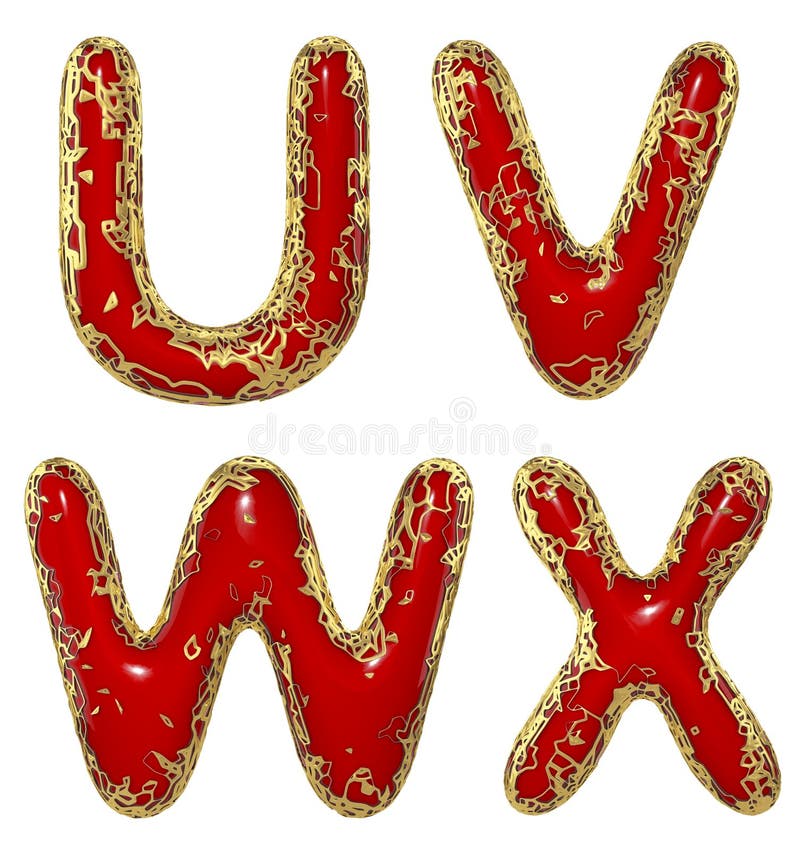 Realistic 3D letters set U, V, W, X made of gold shining metal letters.