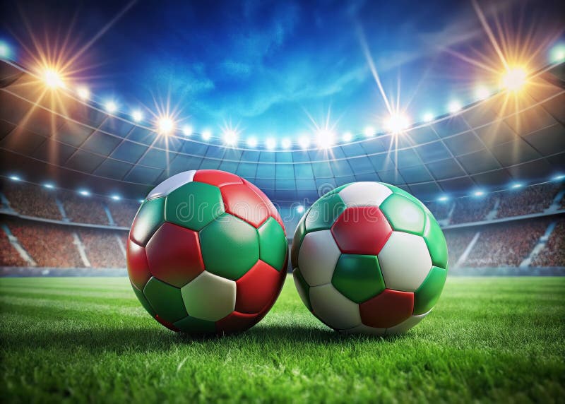Realistic 3D Rendering of a Portugal vs Bulgaria Soccer Match National Team Balls on the Pitch royalty free illustration