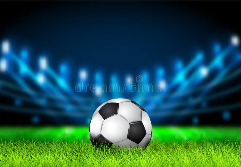 Realistic 3D Soccer ball on the grass football field with bright stadium lights. Football Arena. Vector illustration for