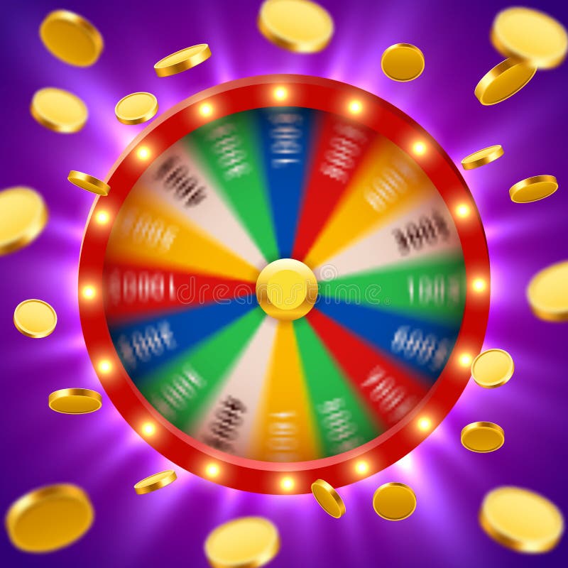 Realistic 3d spinning fortune wheel with flying golden coins. Lucky roulette. Vector illustration