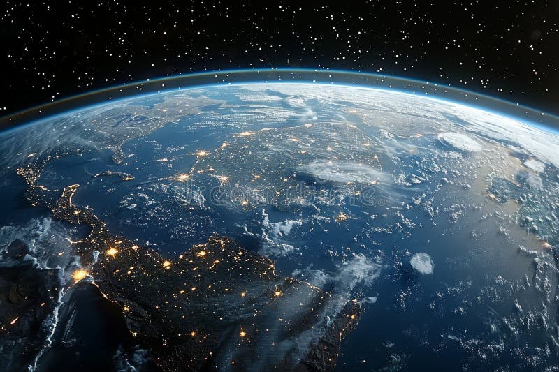 Realistic depiction of earth featuring a vibrant blue atmosphere against a cosmic backdrop royalty free illustration