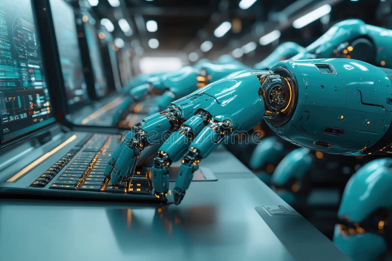 Realistic depiction of robot arms working on computers in a digital office environment stock photos