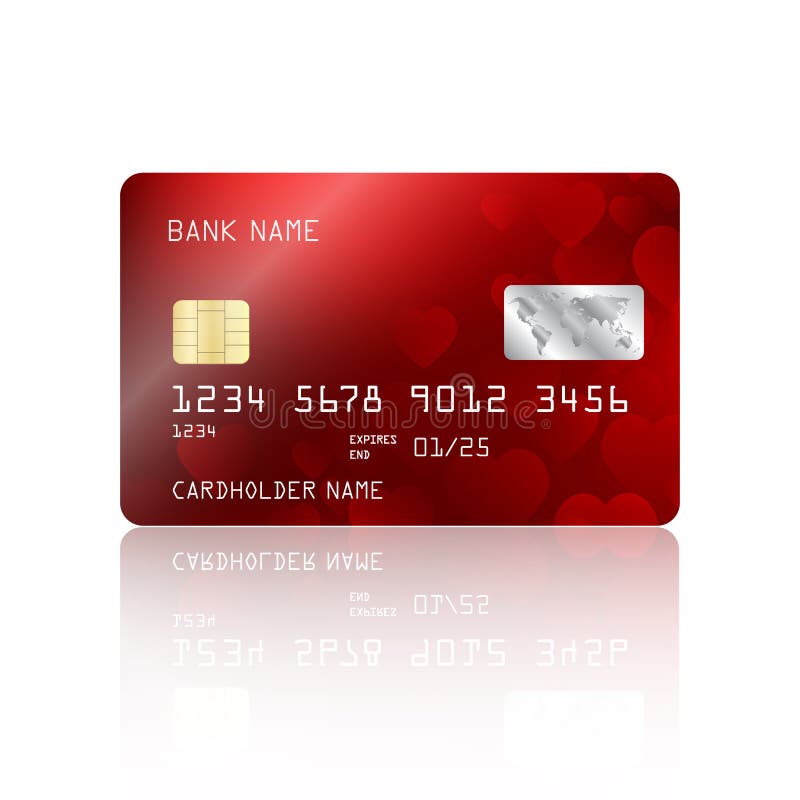 Realistic detailed red credit card with hearts abstract design isolated on white background. Valentines Day cover