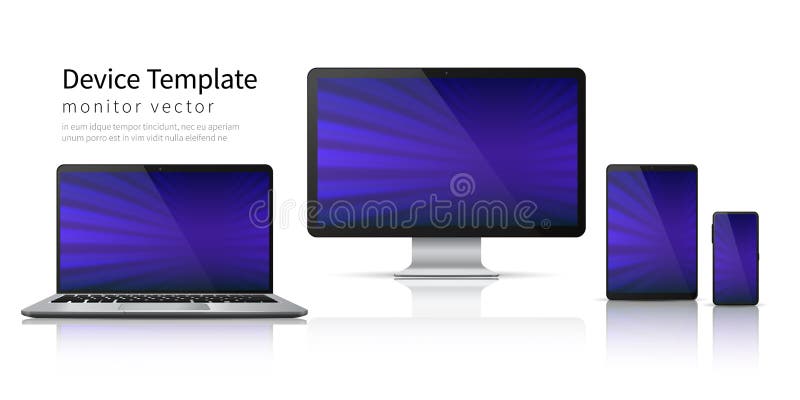 Realistic devices. Computer laptop tablet phone mockup, smartphone screen mobile gadget display. Monitor device template vector illustration