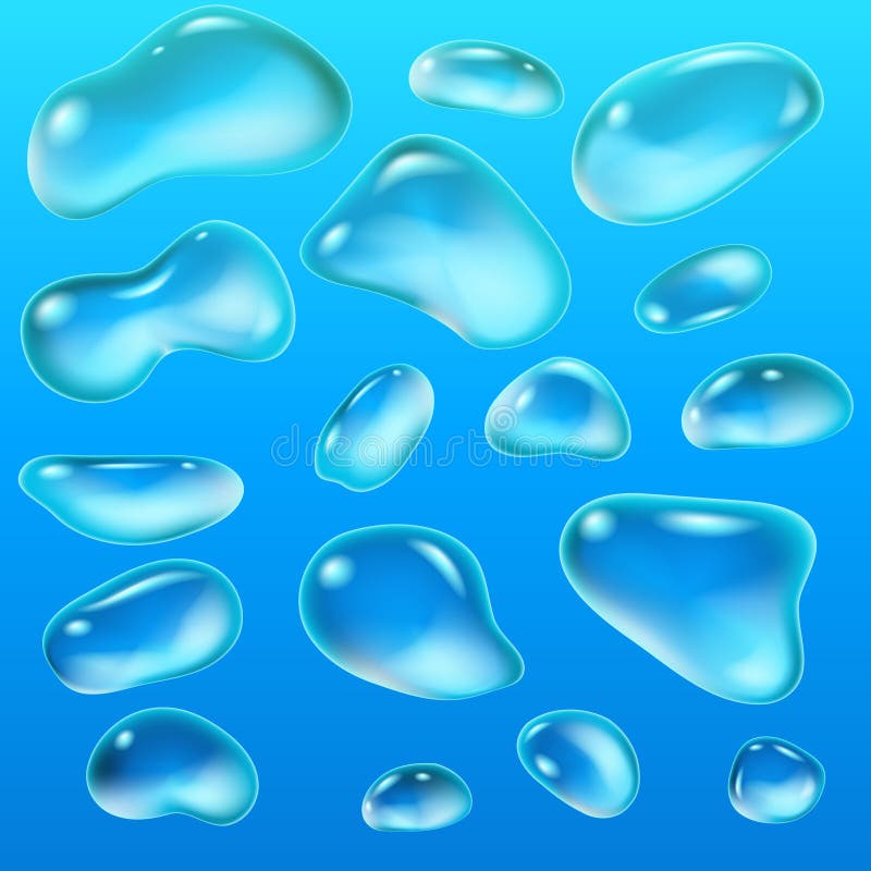 Realistic drops of a rain on a blue background in the form of glass. Abstract set. Vector illustration.