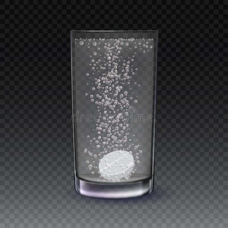 Realistic effervescent tablet in glass of water. Realistic effervescent pill with bubbles dissolving in glass of water