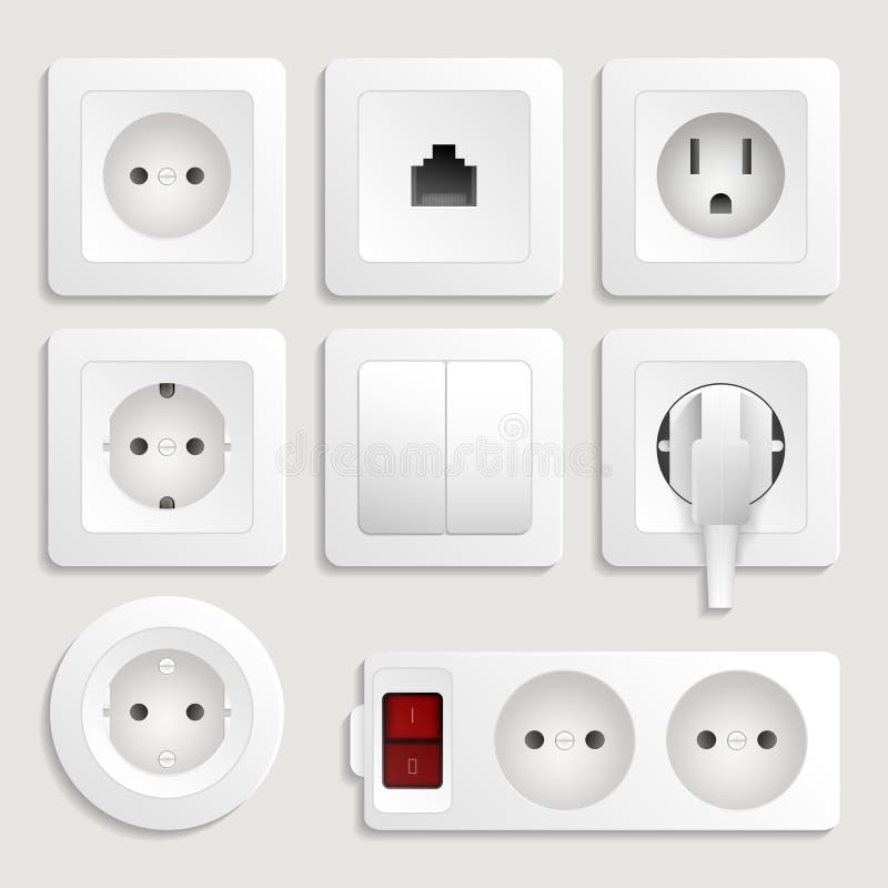 Realistic Electric Wall Outlet Icon Set Stock Illustration